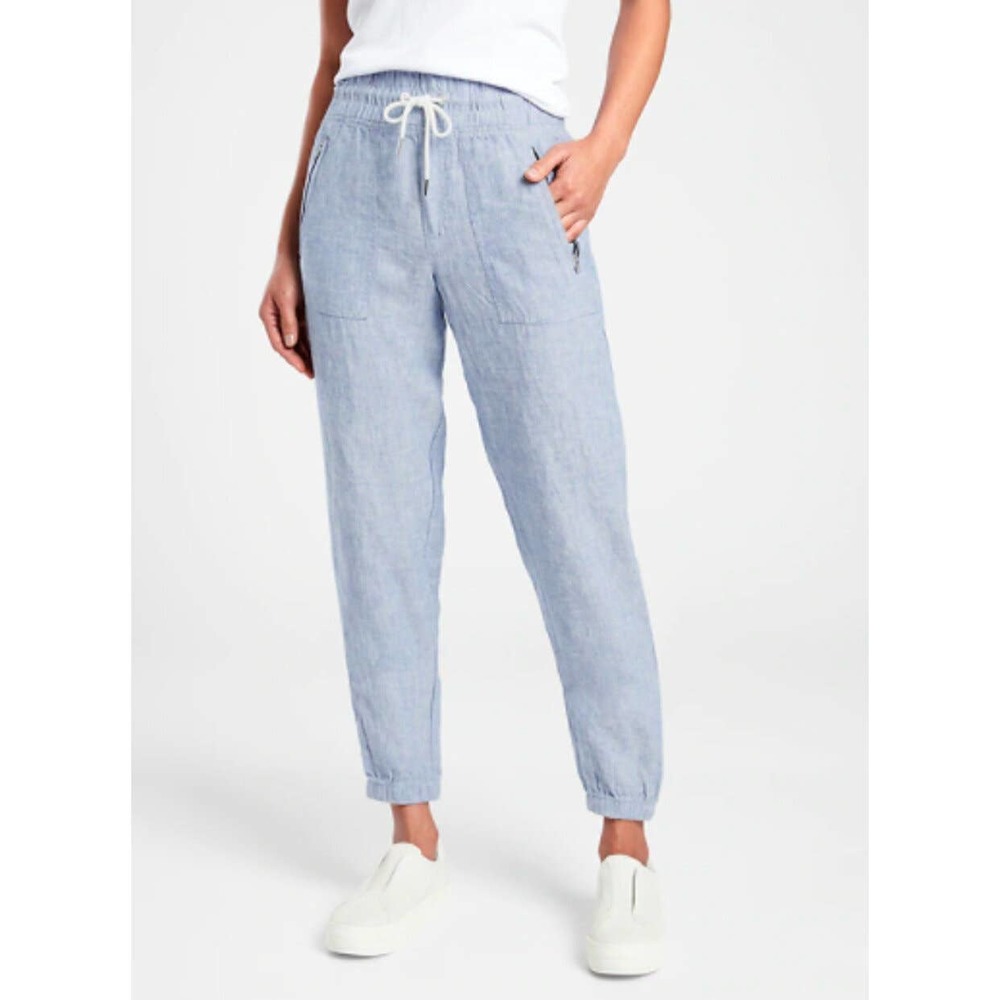 Athleta Womens Cabo Jogger Blue High Rise Pockets Heathered Linen Pull On 20